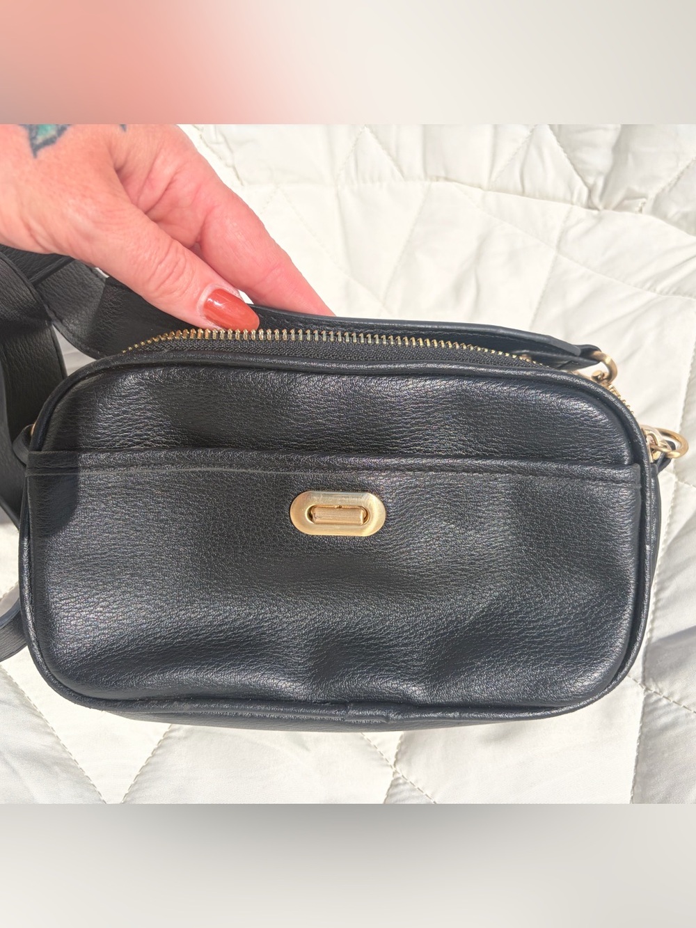 Black Soft Vegan Leather Crossbody Bag with Gold Hardware